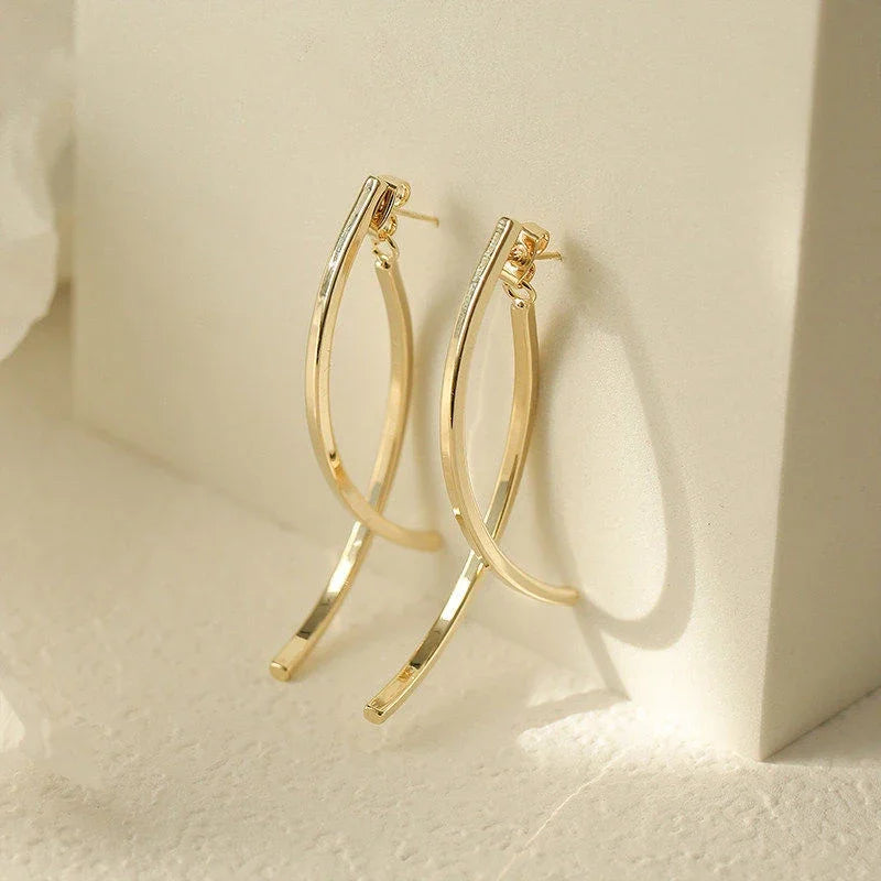 Korean Stylish Cross Arc Long Drop Earrings for Women - Fashion Dangling Jewelry