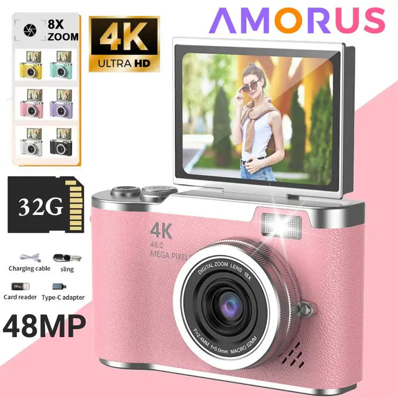 4K Digital Camera with 48MP HD Sensor, 8X Zoom, Flip Screen & Anti-Shake