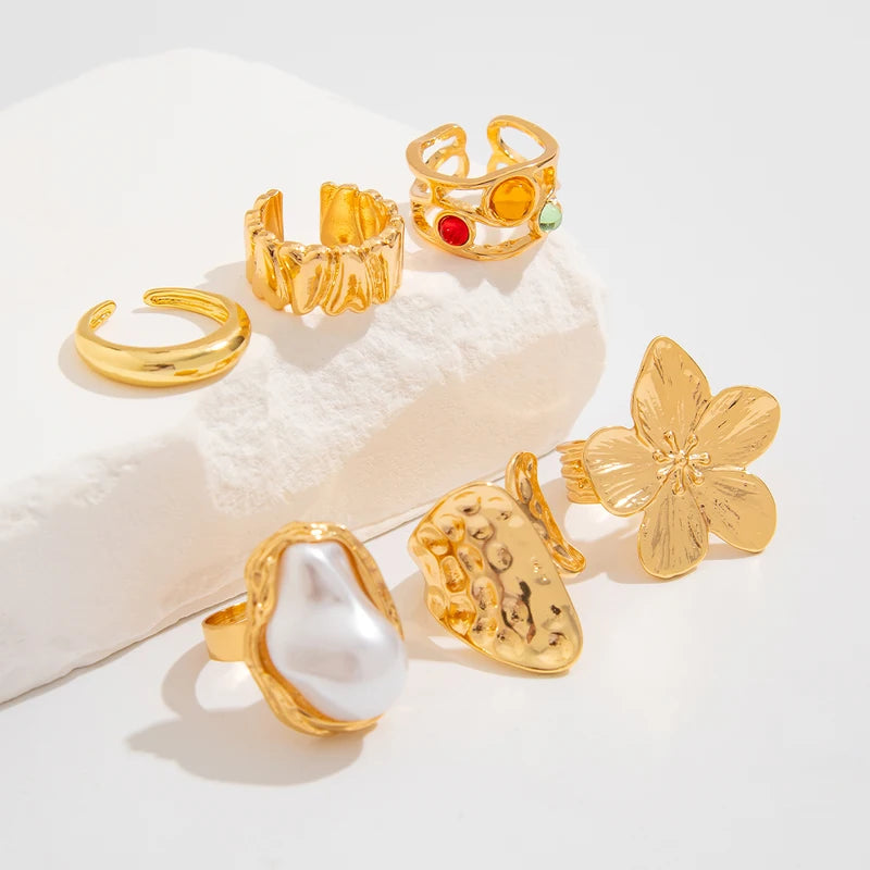 Elegant Irregular Metal Flower Open Rings Set with Imitation Pearls for Women