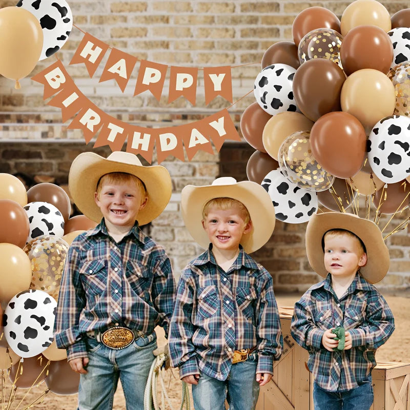60pcs Cow Print Latex Balloons for Farm Cowboy Baby Shower Birthday Party Decor - Gold Confetti & Nude Brown