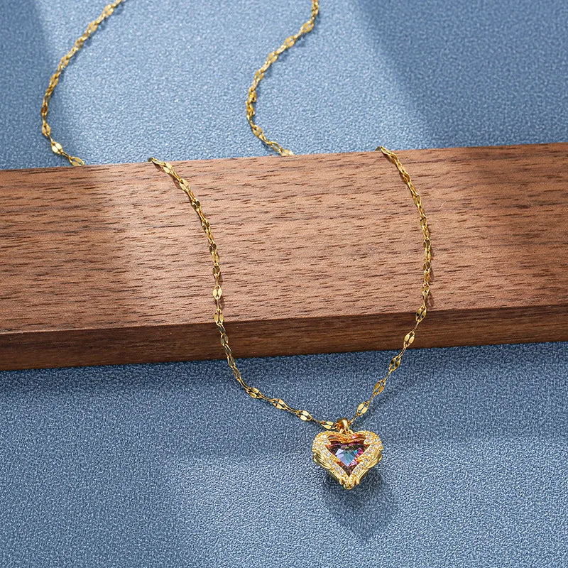 Colorful Crystal Ocean Heart Pendant Necklace for Women Stainless Steel Jewelry