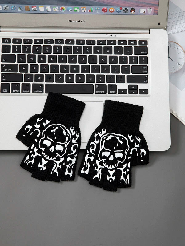 Kids Halloween Skeleton Skull Half Finger Luminous Punk Gloves Black & Green