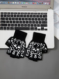 Kids Halloween Skeleton Skull Half Finger Luminous Punk Gloves Black & Green