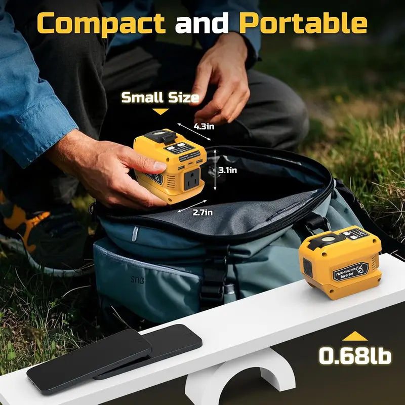 Portable Power Inverter 220W for DeWalt 20V Batteries, AC & USB Outlets, LED Light for Camping & Emergency
