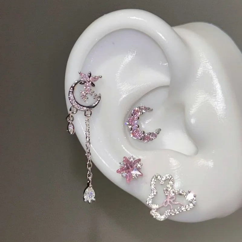 Pink Zircon Moon Tassel Ear Bone Nail Jewelry Piercing Earrings for Women