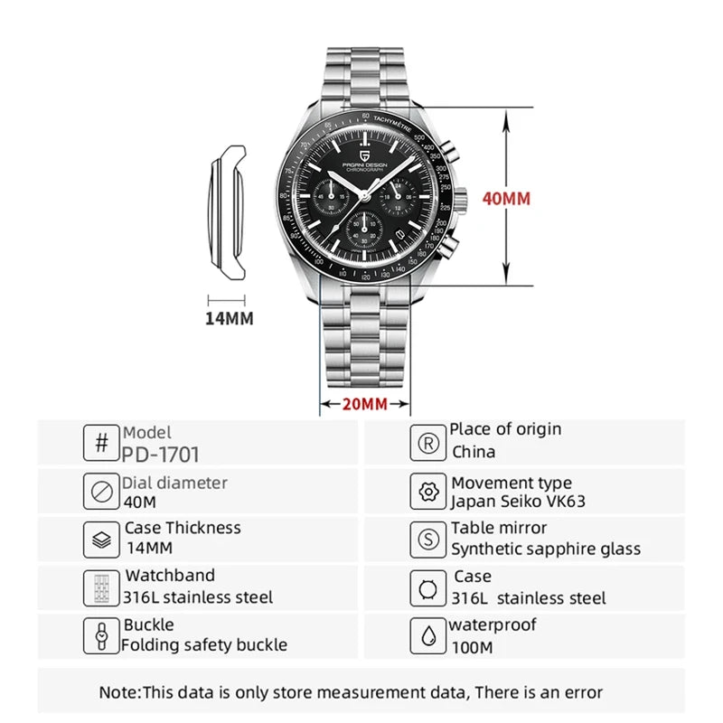 Luxury Quartz Moon Watch for Men with Luminous Dial Waterproof 100m