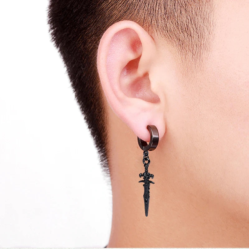 2PCS Stainless Steel Drop Hoop Earrings with Dragon Coil Sword Pendant - Punk Hip Hop Style for Men Women Daily Wear