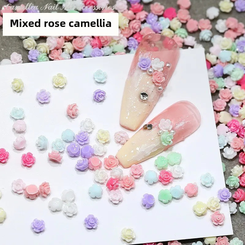 Mini 4mm Colorful Camellia Rose Resin Nail Art Flowers - Rhinestones & Decorations