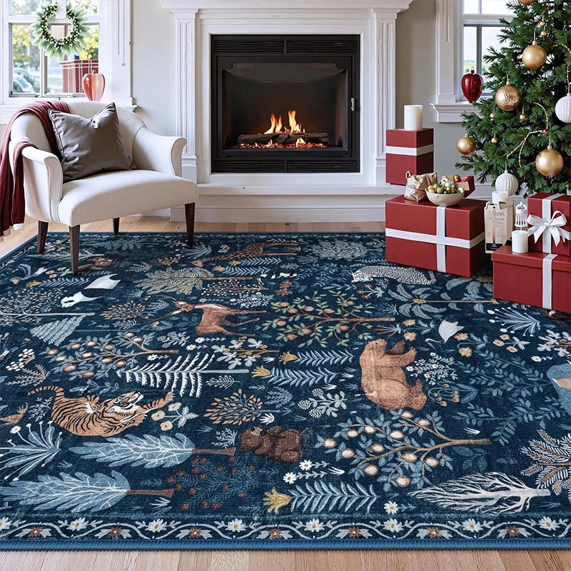 Large Non-slip Machine Washable Living Room Carpet - Soft & Comfortable Floor Mat - Green Animal & Plant Print