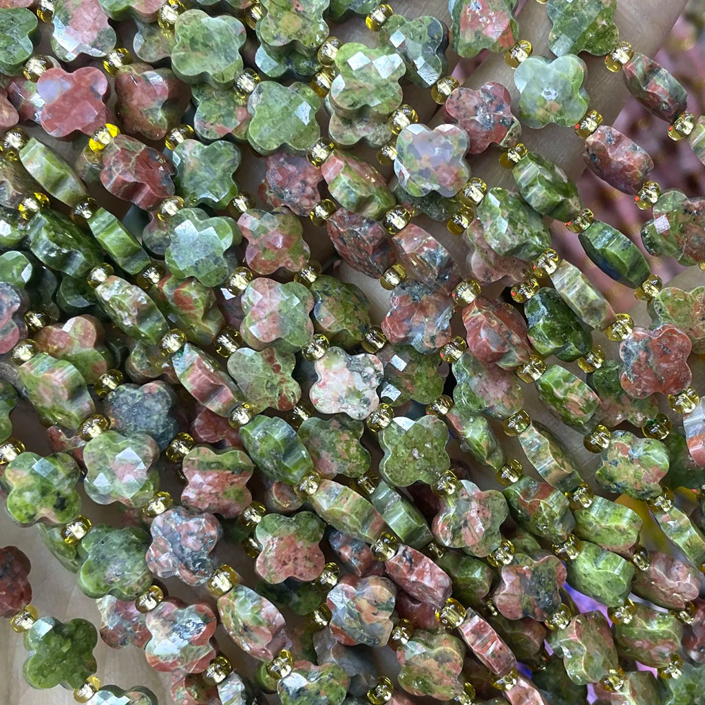 Natural Stone Faceted Clover Rhodonite Beads for Jewelry Making - Loose Spacer Beads