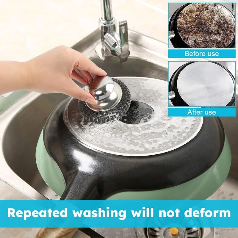 Stainless Steel Kitchen Washing Brush Set with Handle for Dishes Pots & Pans