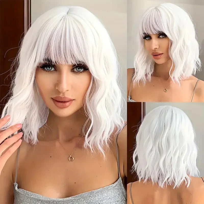 Women’s Water Wave Curly Synthetic Wig Short Beveled Mid-Split Fashion Hair