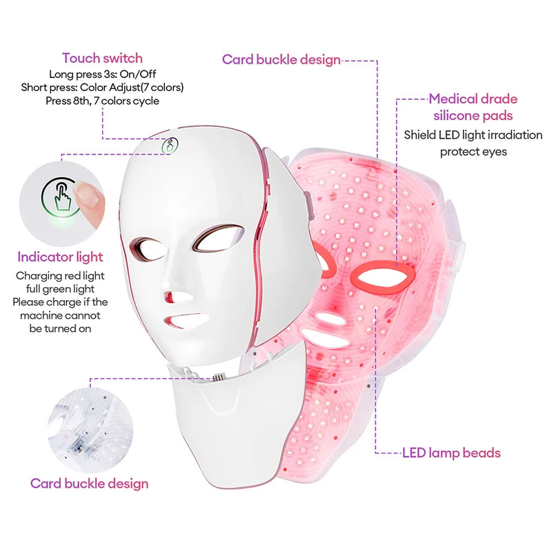 7-Color LED Facial Mask with Neck Light Therapy Beauty Device