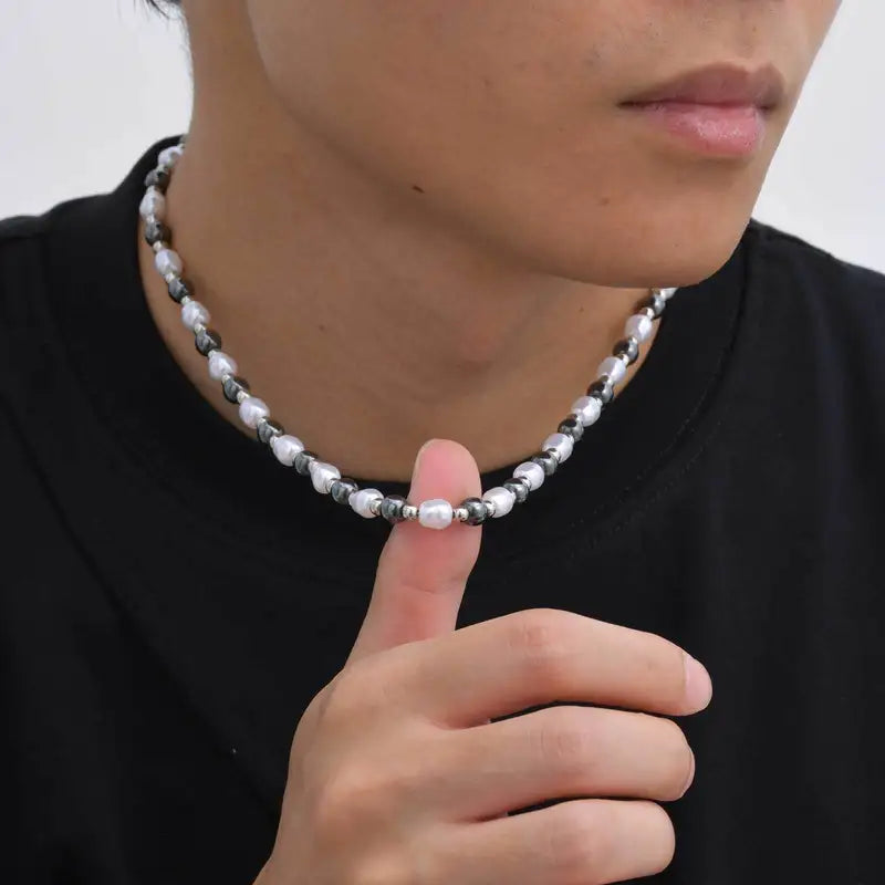 Men's Pearl Necklace Beaded Jewelry Natural Hematite Stainless Steel Gift