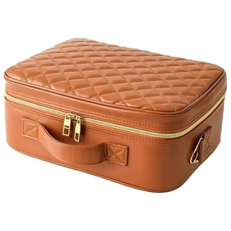 Portable LED Makeup Mirror Train Case Large Capacity Cosmetic Organizer with Brush Holder