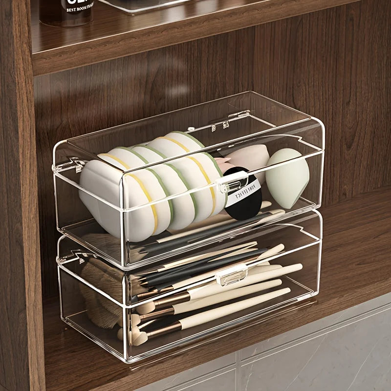 Transparent Makeup Organizer with Lid - Durable Storage Box for Lipstick, Eyeshadow, Brushes