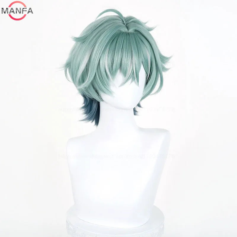 Anime Cosplay Wig for Genshin Impact Lohen Light Green & Blue Short Synthetic Heat-Resistant Hair Wig + Cap