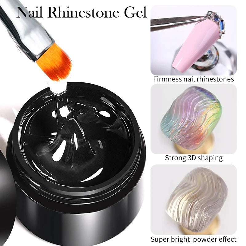 Nail Rhinestone Glue Gel with Mirror Powder and Nail Liner Brush for Nail Art