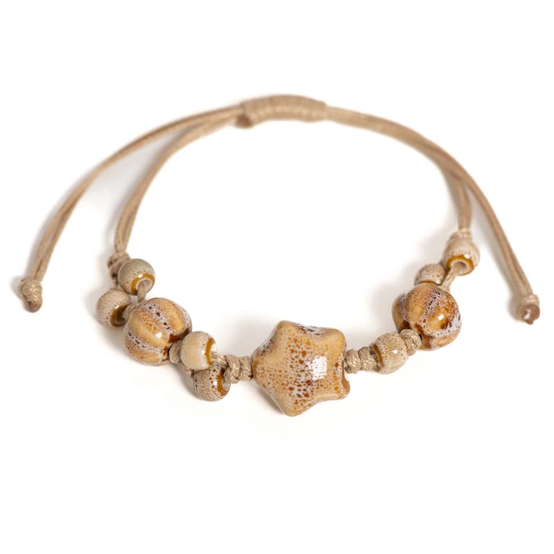 Adjustable Handmade Ceramic Star Bracelet Vintage Crackle Glaze Womens Jewelry
