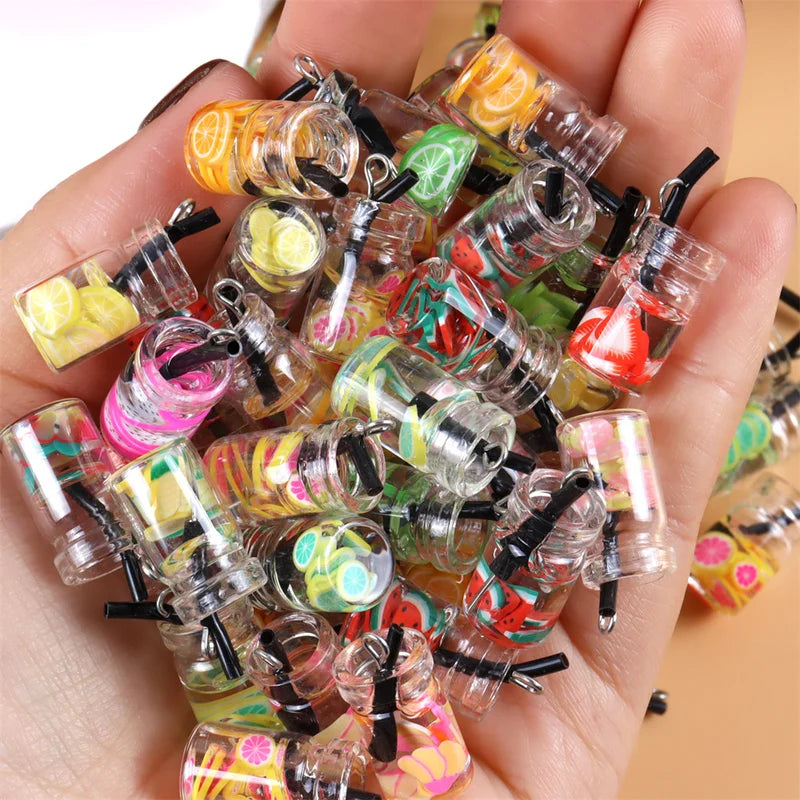 20pcs Colorful Milk Tea Fruit Bottle Charms Glass Pendants Jewelry Findings
