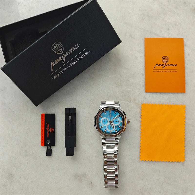 Men's Waterproof Stainless Steel Chronograph Watch with Luminous Dial and Date Function