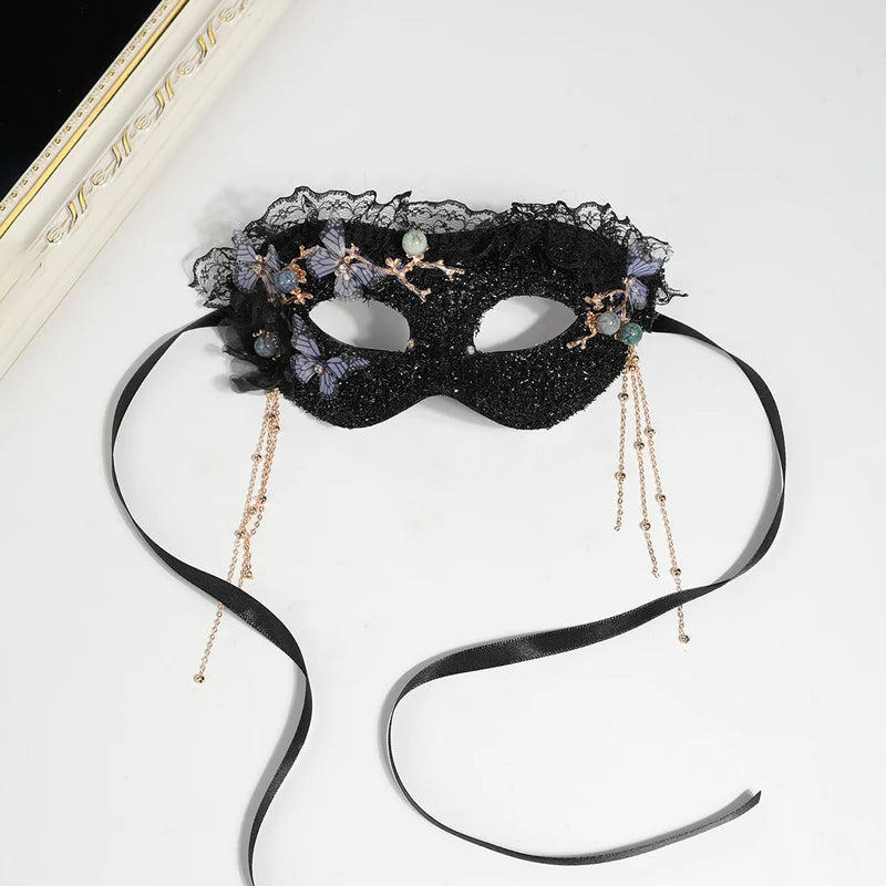 Black Lace Sequin Butterfly Mask with Pearl Tassels - Half-Face Eye Mask for Prom Party Halloween