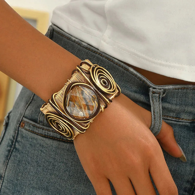 Heavy Metal Wire Winding Cuff Bangles for Women - Big Rhinestone Jewelry Gift