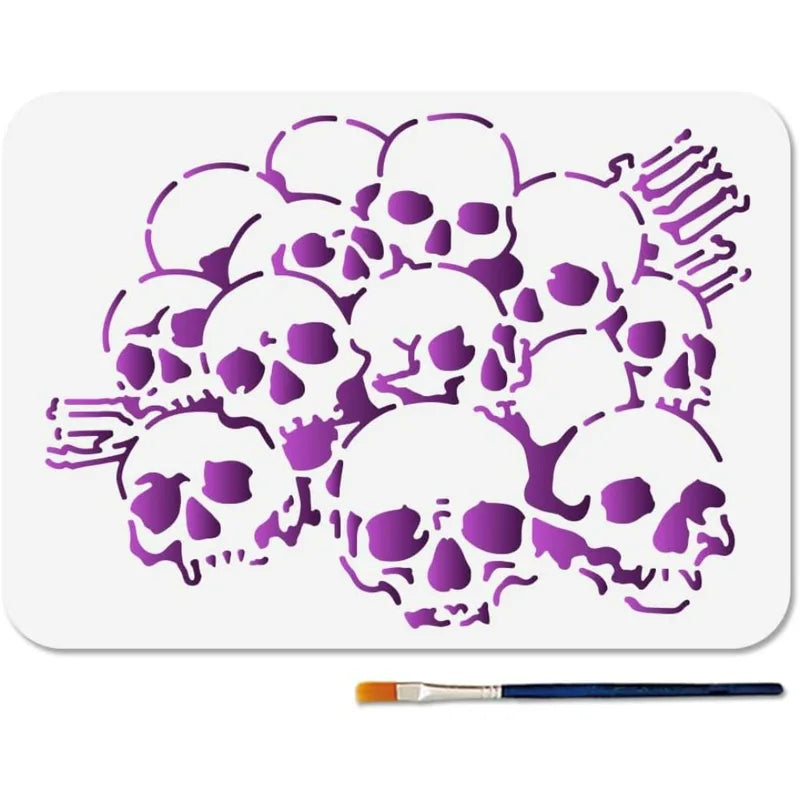 Skull Painting Stencil Kit with Brush - Halloween Art & Craft Template 11.7x8.3 Inch