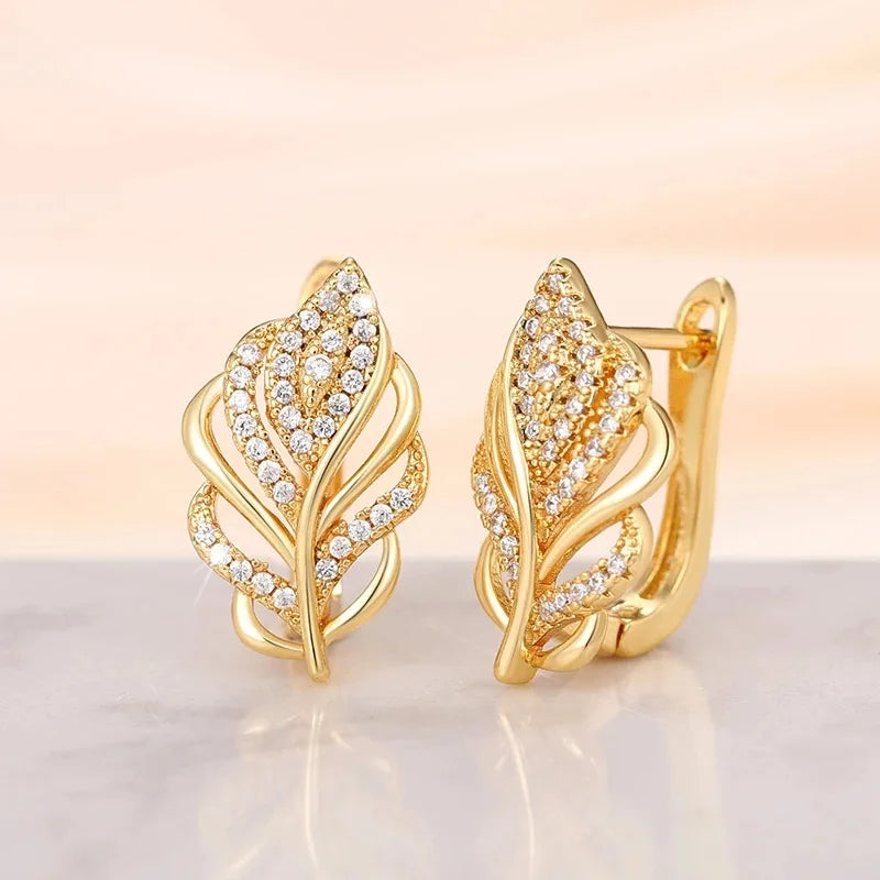 Leaf Shaped Hoop Earrings for Women Gold Color Cubic Zirconia Bridal Jewelry