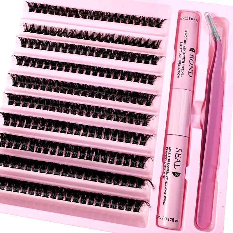 False Eyelash Extension Kit with Lash Bond & Seal Remover 200 Clusters Makeup Tools