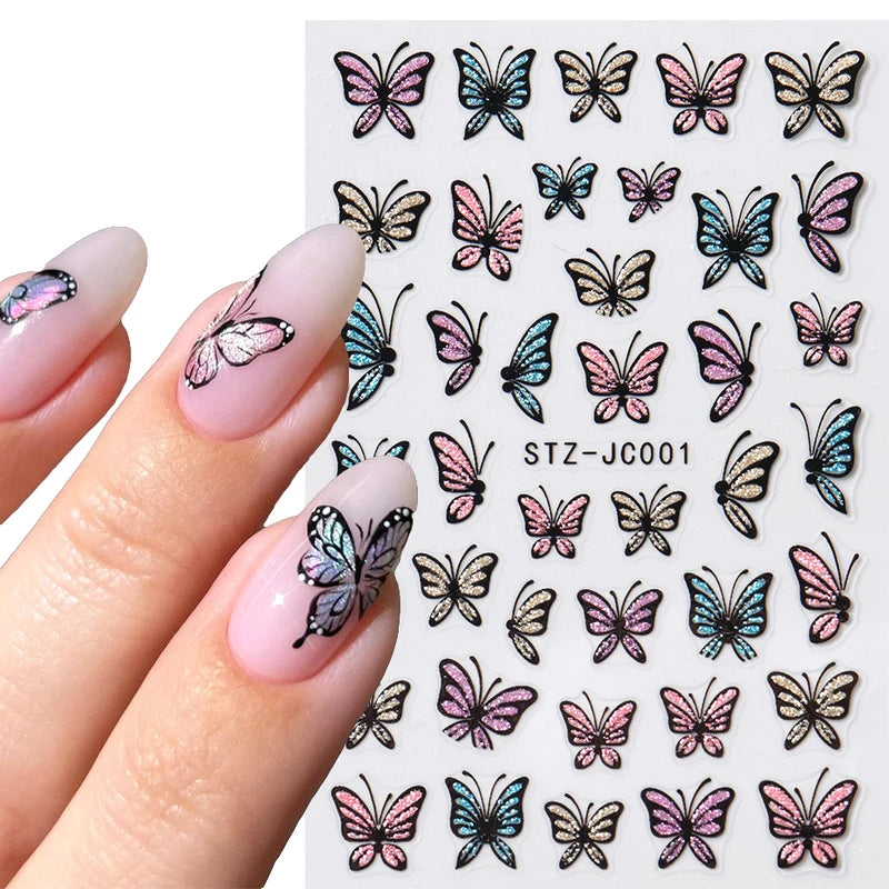 Glitter Butterfly Nail Stickers Decals - Self-Adhesive Floral & Gothic Designs