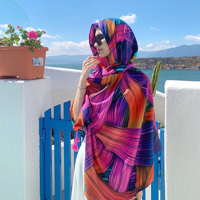 Breathable Silk Scarf Shawl Lightweight Ethnic Style Yarn Wrap for Beach & Casual Wear
