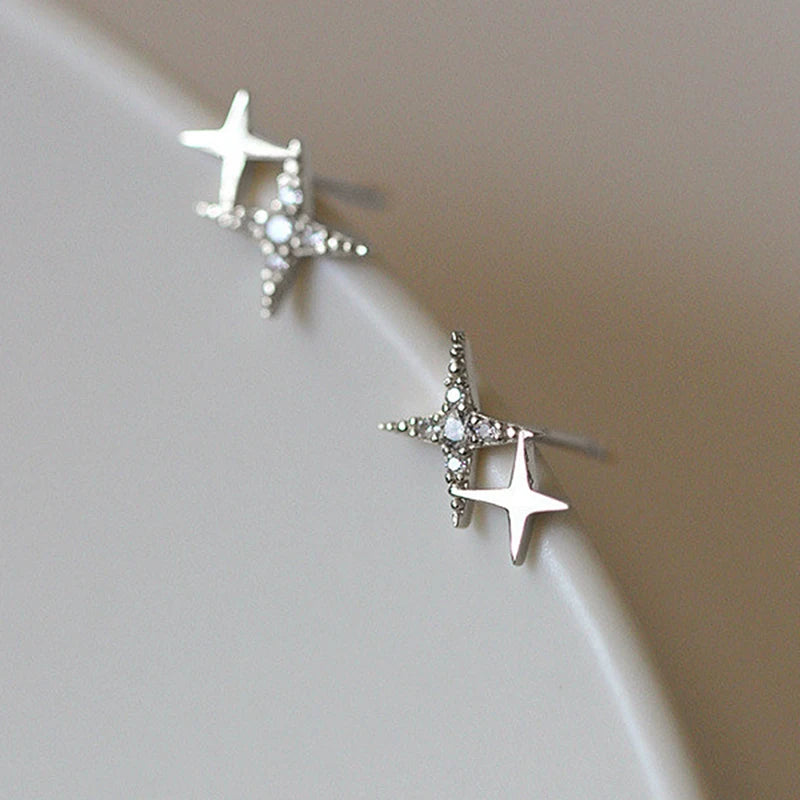 Fashion Silver Color Stud Earrings for Women - Asymmetrical Cross Star Jewelry