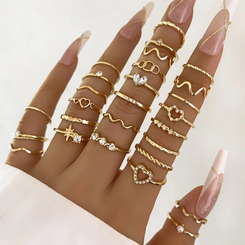Simple Wave Jewelry Rings Set for Women - Crystal Heart & Multiple Colors