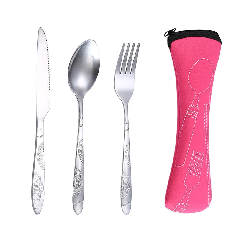 Portable Camping Tableware Set with Washable Zipper Pouch - 3-Piece Stainless Steel Cutlery Kit for Travel and Household Use