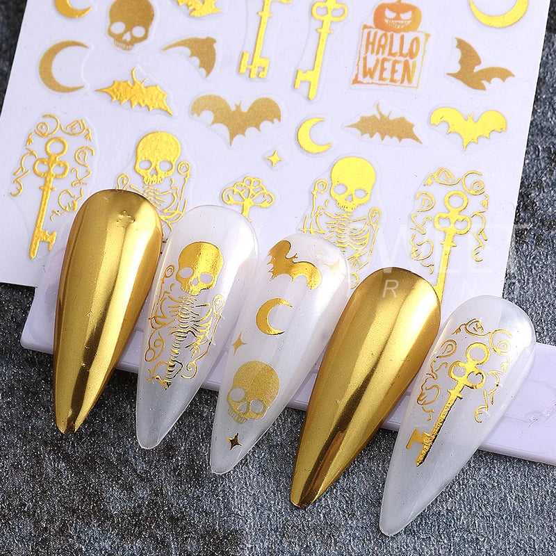 Halloween Nail Stickers Gold Skeleton Pumpkin Bat Key 3pcs Manicure Decals