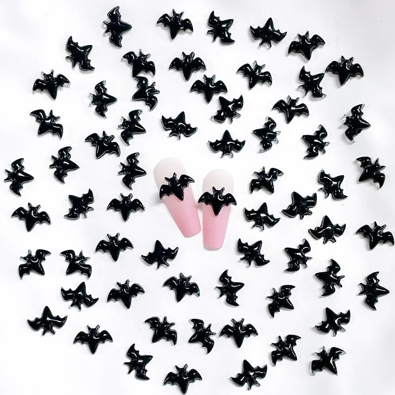 Halloween Nail Charms 50pcs Resin Nail Art Decorations Black Bat for Manicure DIY