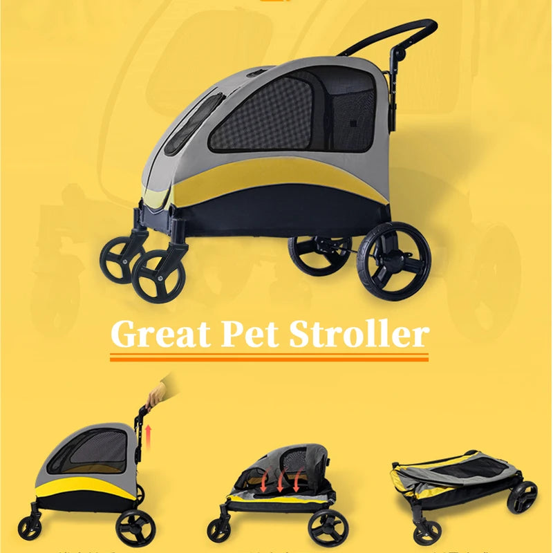 Foldable Pet Stroller for Large Dogs & Cats - Breathable Carriage, Travel Friendly