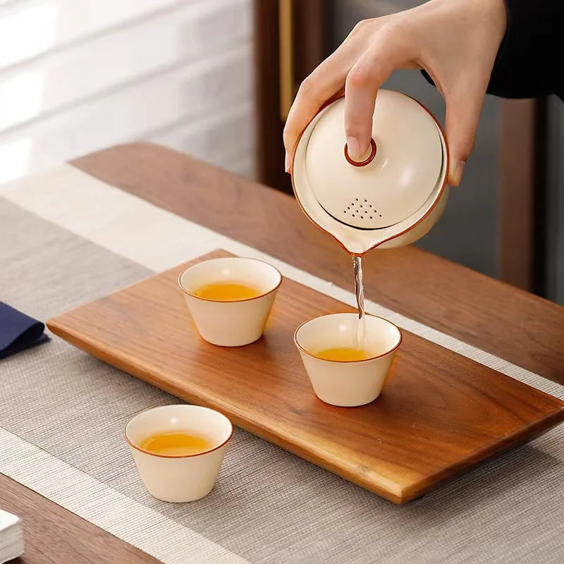 Portable Ceramic Tea Set with 3 Cups and Storage Bag - Camping & Travel