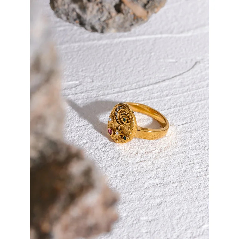 Colorful CZ Star Moon Eye Charm Ring - Celestial Jewelry for Women