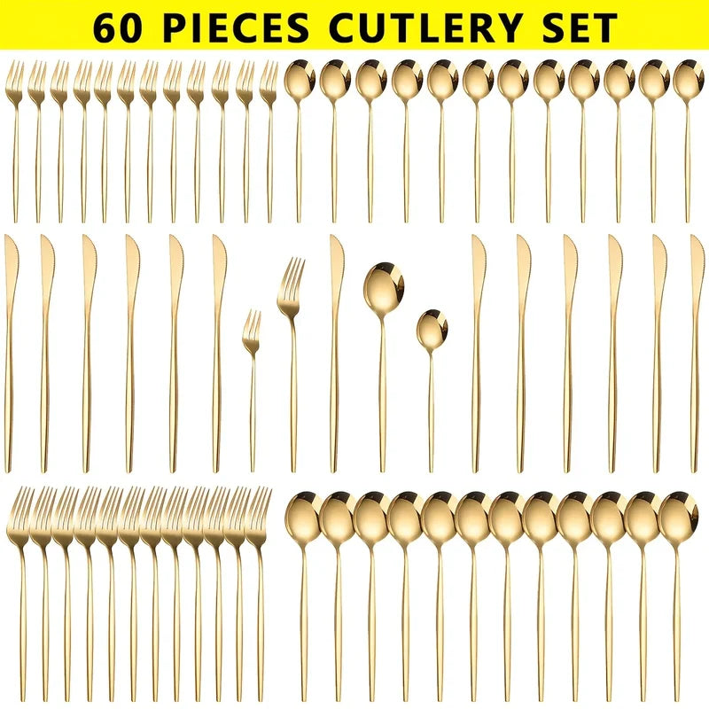 60pcs Stainless Steel Cutlery Set - Golden Mirror Finish, Dishwasher Safe, Gift Box