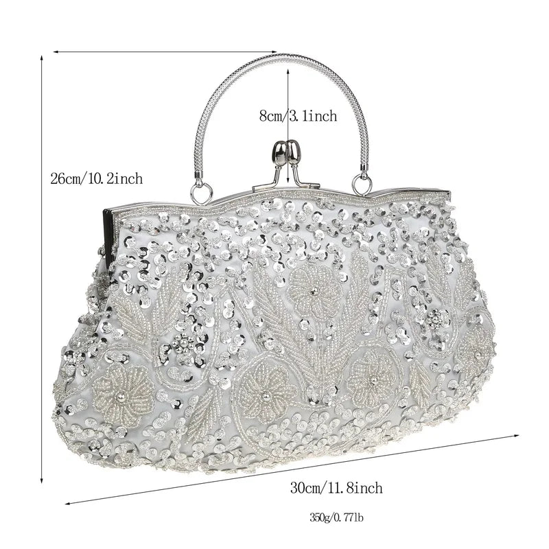 Women's Beaded Embroidered Small Evening Clutch Bag with Chain Shoulder Strap