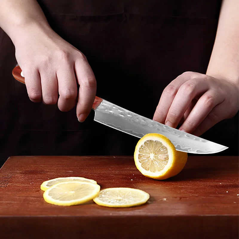 Damascus Steel Chef Knife with Wooden Handle - Handmade Kitchen Cutlery