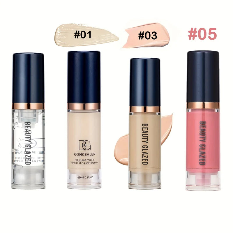 4-Piece Makeup Set Primer Concealer Liquid Foundation & Blush Waterproof Face Makeup Kit