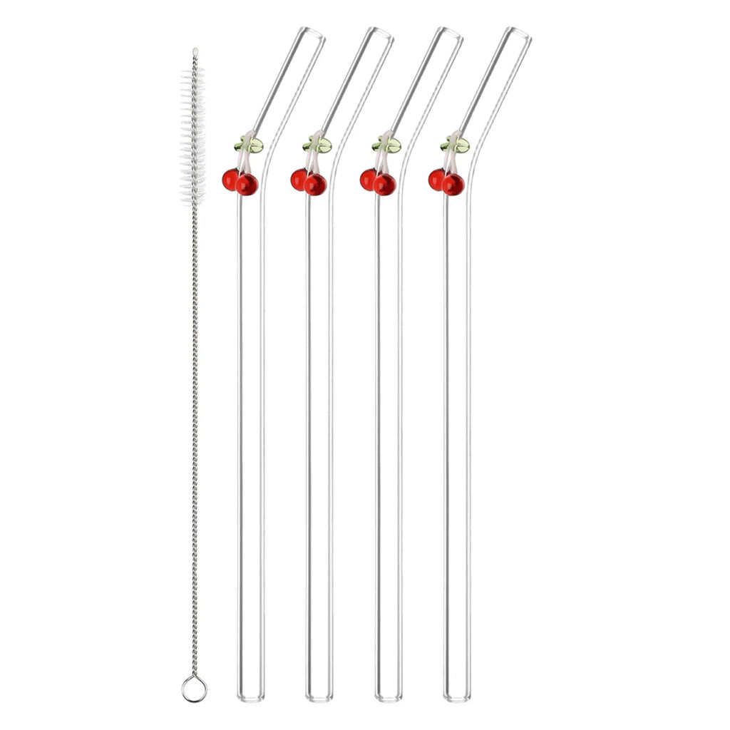 Reusable Glass Straw with Bow Design & Cleaning Brush - Set of 7 for Coffee, Smoothies, Drinks