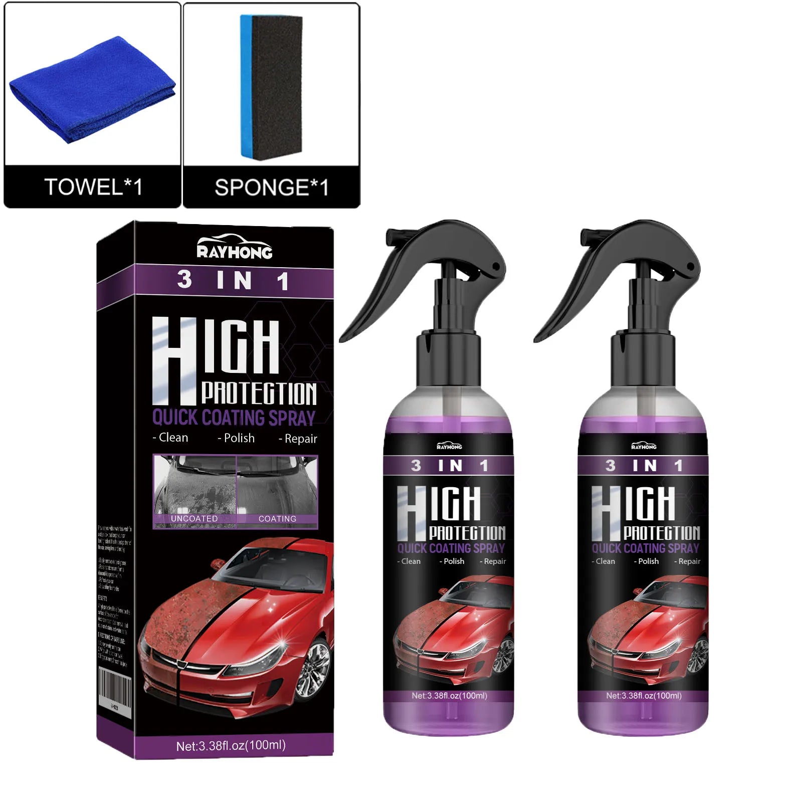 3-in-1 Car Coating Spray for Scratch Repair Oil Stain Removal & Gloss Restoration