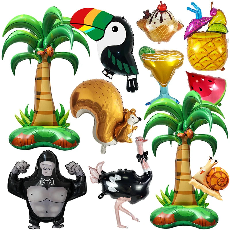 Summer Hawaii Party Decor Foil Balloon Set with Coconut Trees and Tropical Animals