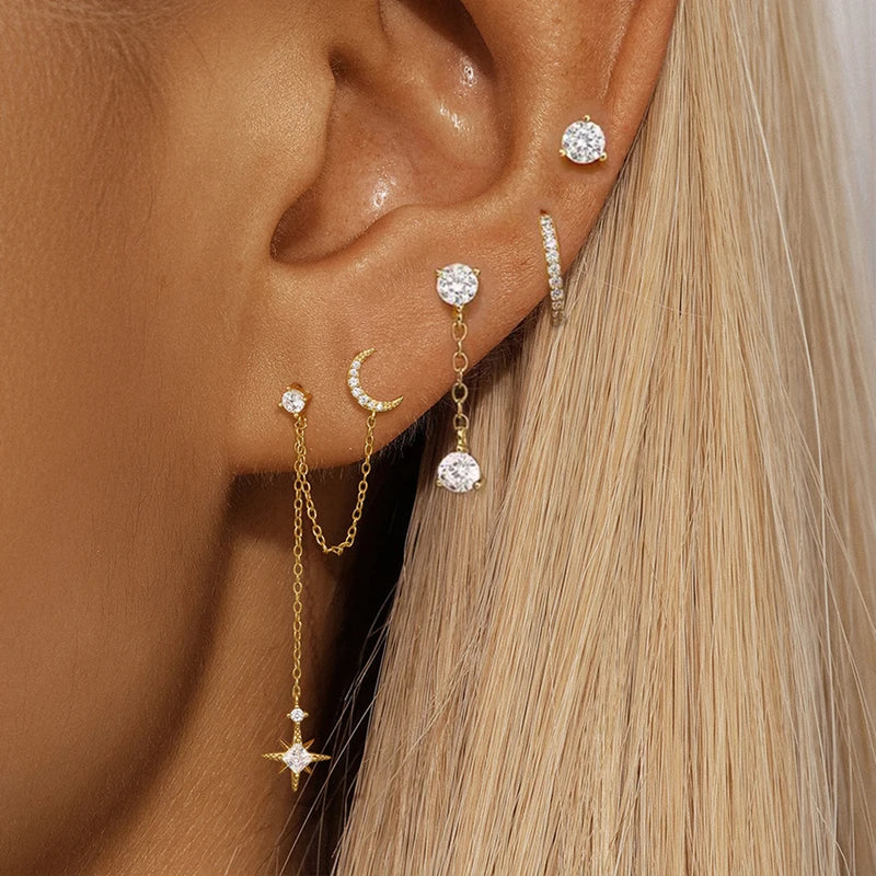 4PCS Women's Earrings Set Stainless Steel Cubic Zirconia Moon Star Jewelry - Punk Unisex Piercing