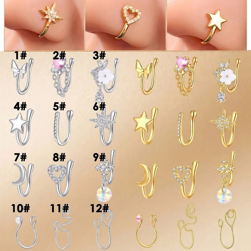 Women’s Fake Nose Ring U-Shaped Dangle Style Zirconia Nose Stud Gold Stainless Steel