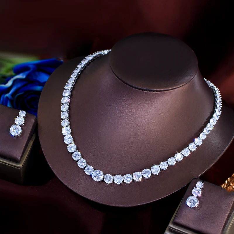 Women’s Cubic Zirconia Tennis Necklace and Earrings Set Bridal Jewelry